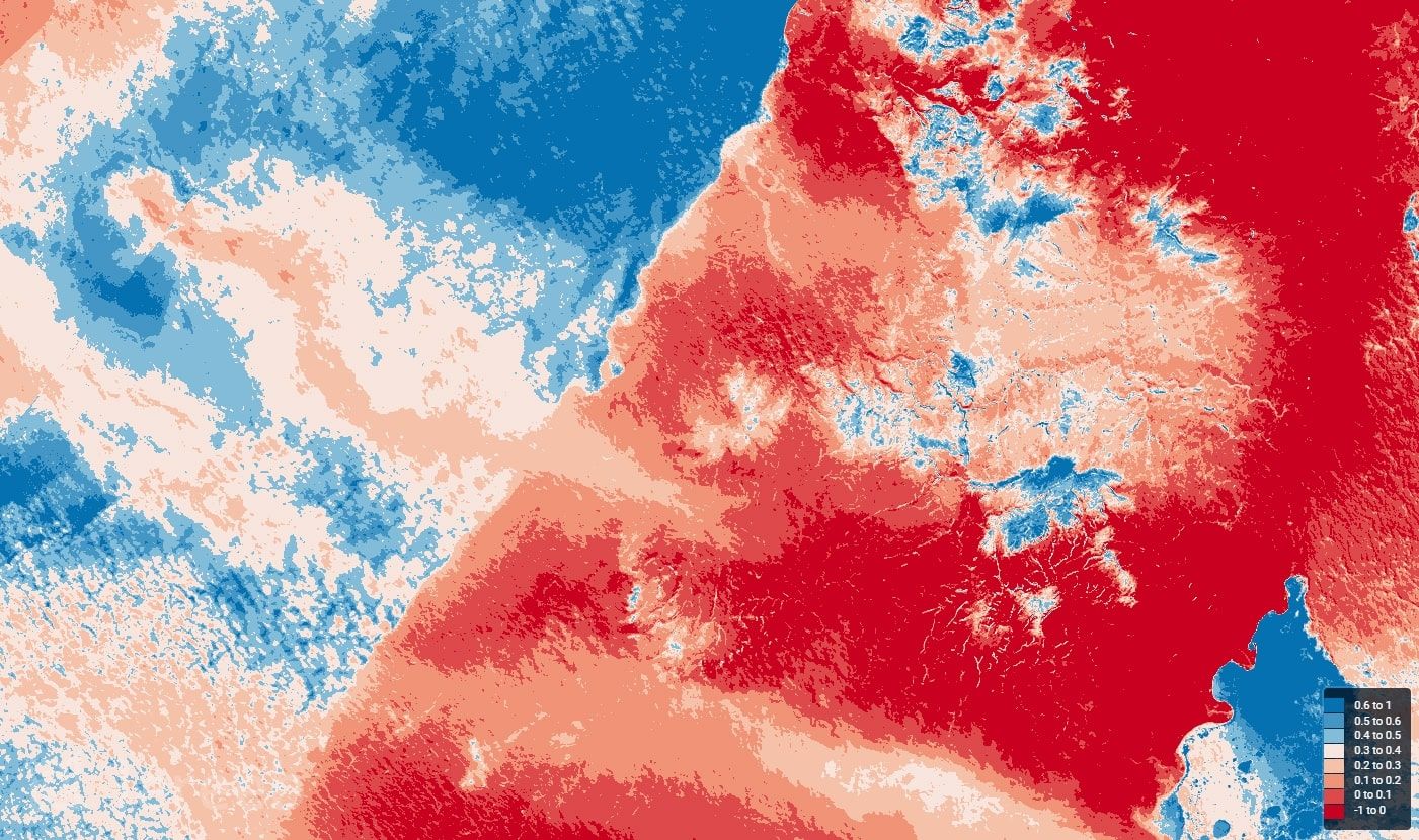 نمایی از نقشه رنگ‌آمیزی شده با شاخص NDSI - هرچه عدد این شاخص به یک نزدیک‌تر باشد، احتمال وجود برف در آن منطقه بیشتر است.