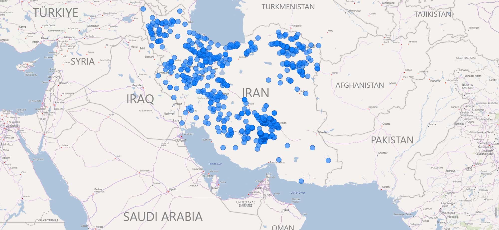 نقشه پراکندگی باغاتی که از نرم افزار جریب استفاده می‌کنند در سطح ایران