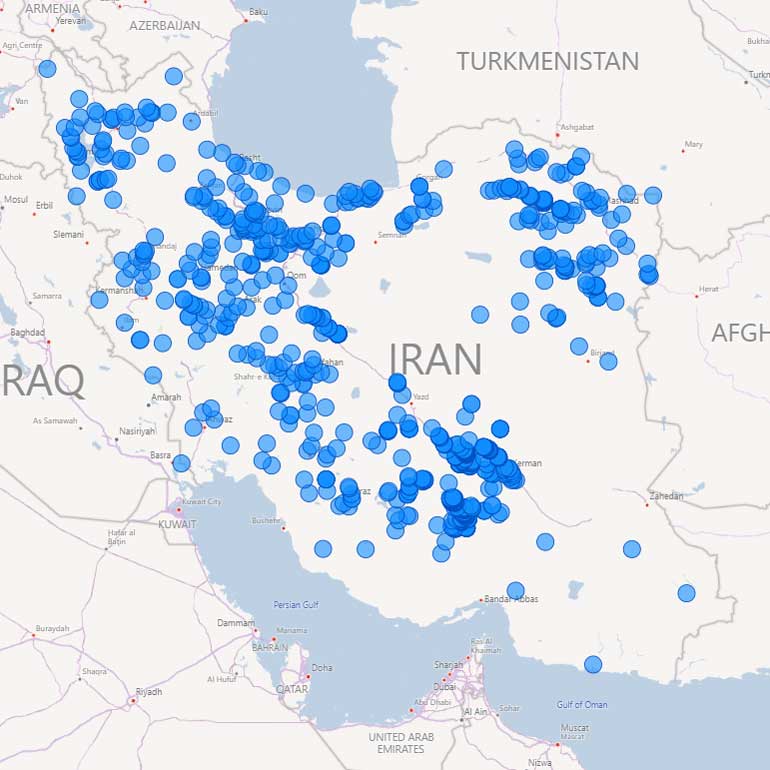 نقشه پراکندگی باغاتی که از نرم افزار جریب استفاده می‌کنند در سطح ایران